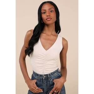 Lulus Kosta Light Beige Ruched Jersey Knit Tank Top - Size M